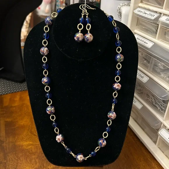 Cloisonné Blue and Gold Beaded Necklace and Earring Set - Picture 2 of 3